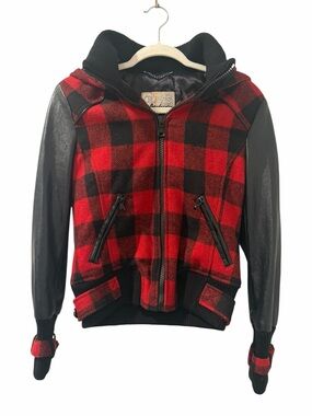 GUESS Los Angeles Red Black Buffalo Plaid Wool Blend Hooded Jacket NWOT small